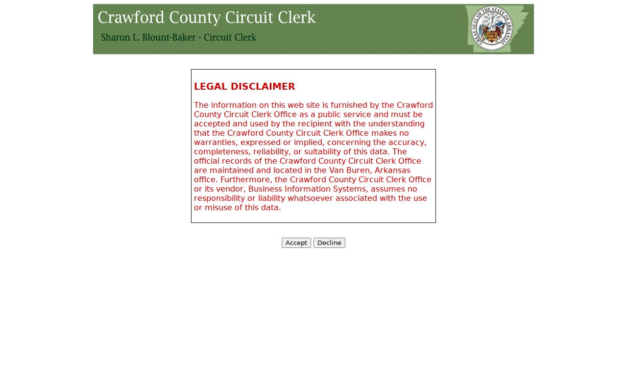 Van Buren people search Crawford County land records disclaimer
