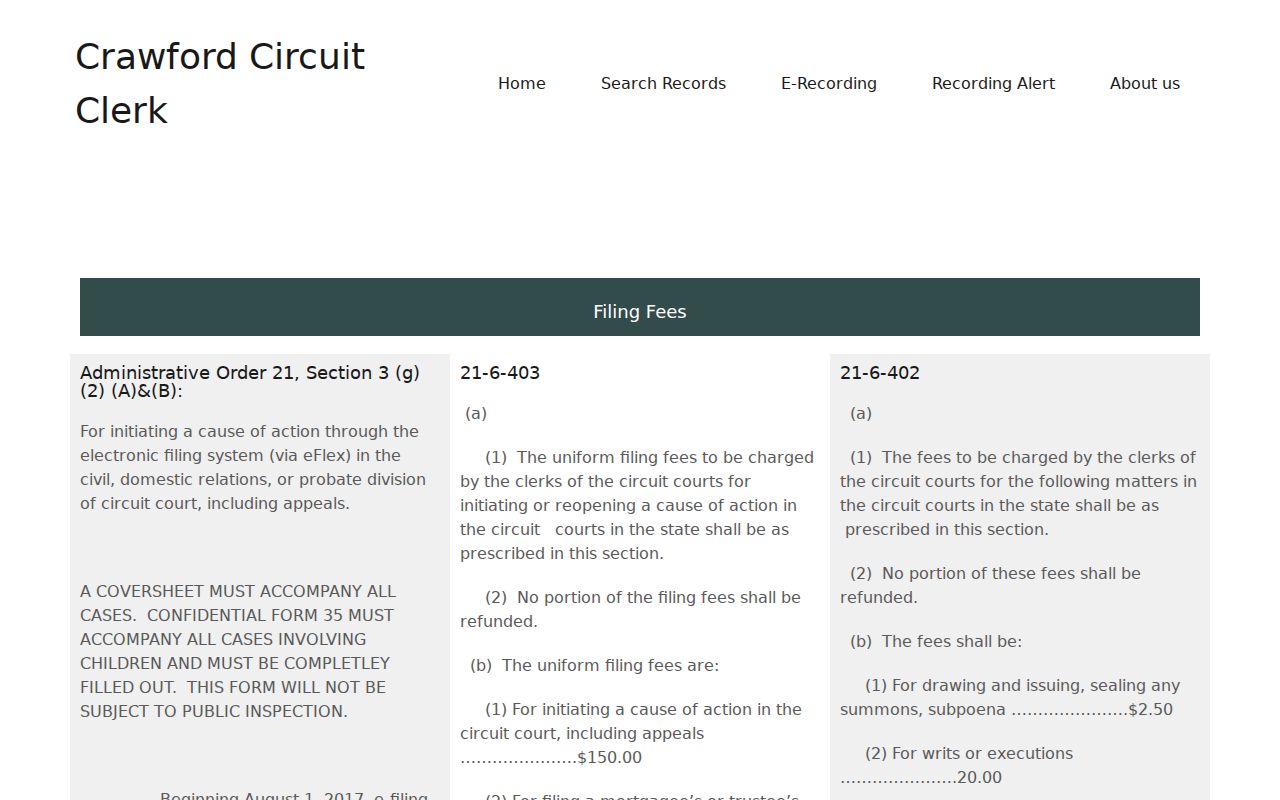 Van Buren public records Crawford court filing and copy fee page